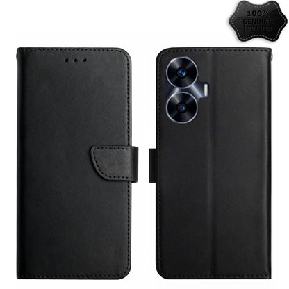 Black genuine leather flip phone case with side strap and stitched edges