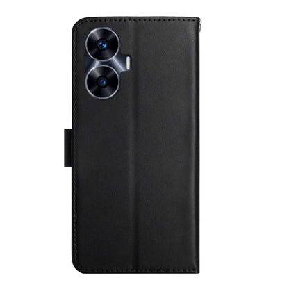 Black leather flip phone case with camera cutouts and stitched edge