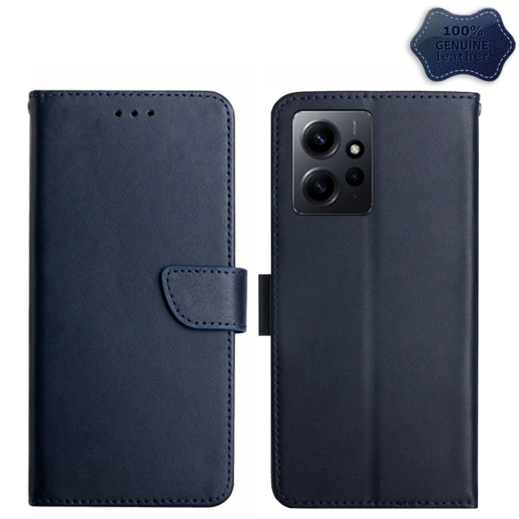 Genuine leather flip phone case in dark blue, front cover with cutout for camera