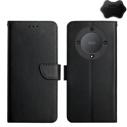 Black leather flip phone case with circular camera cutout and side strap