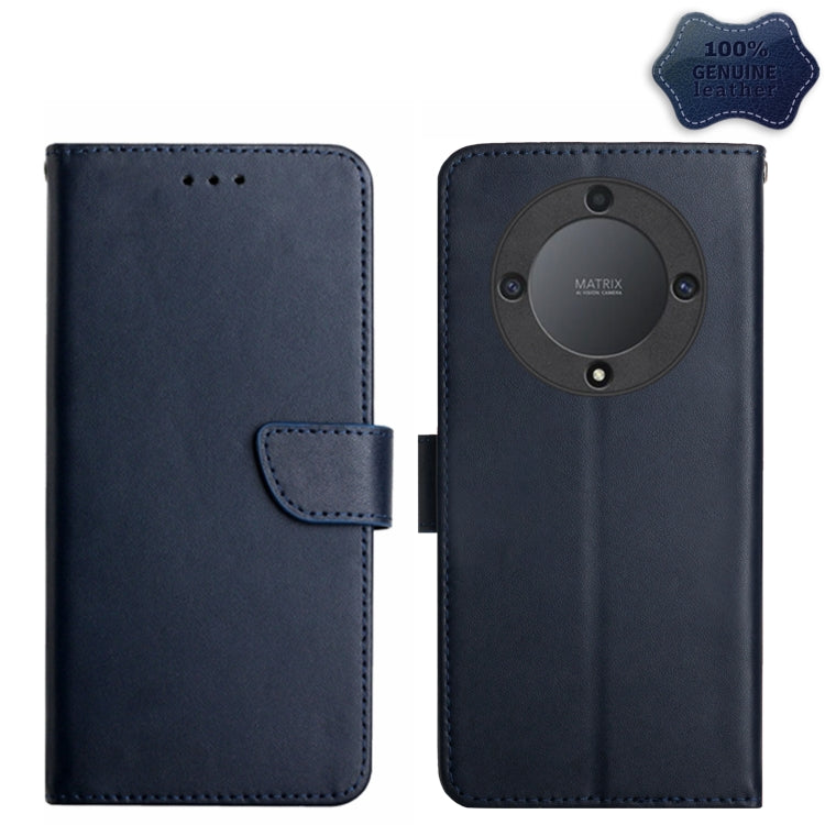 Genuine leather flip phone case, dark blue, view of back camera cutout and buttons