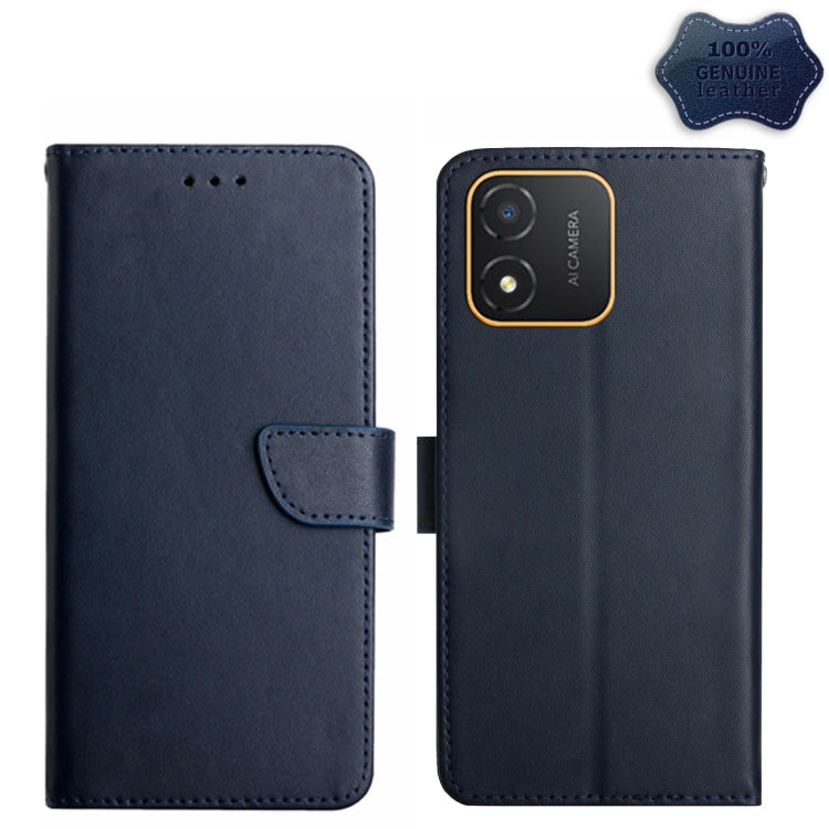 Genuine leather flip phone case, dark blue, camera opening with protective rim detail