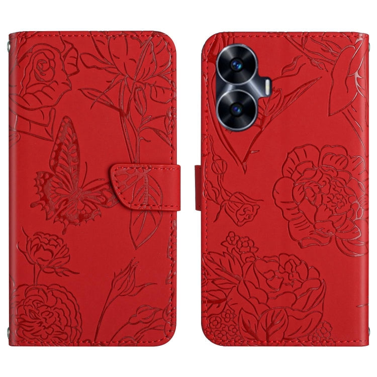 Red butterfly-embossed flip leather phone case with inner clasp, front and back view