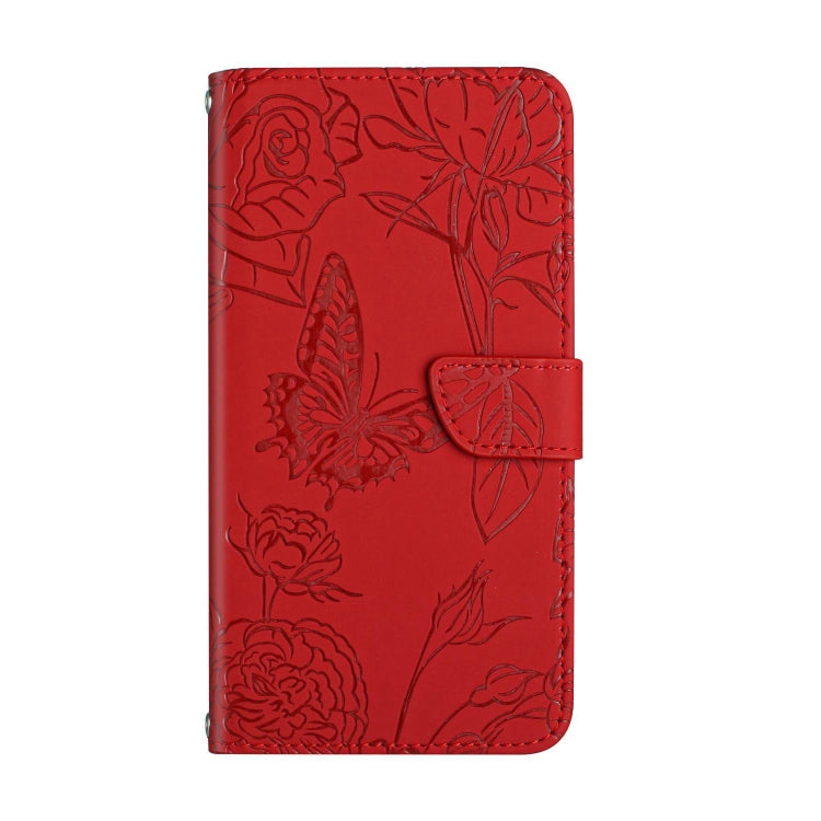 Red butterfly-embossed flip leather phone case with front clasp and stitched edges