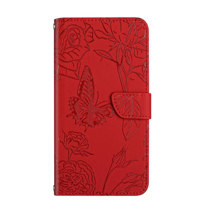 Red butterfly-embossed flip leather phone case with front clasp and stitched edges