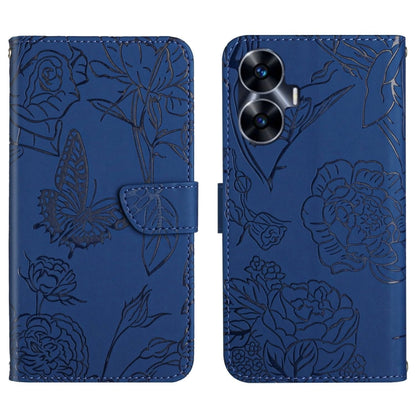 Butterfly-embossed flip leather phone case in blue, with front strap and card slot