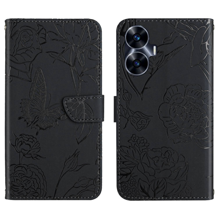 Butterfly-embossed flip leather phone case in black, with front strap and card slot