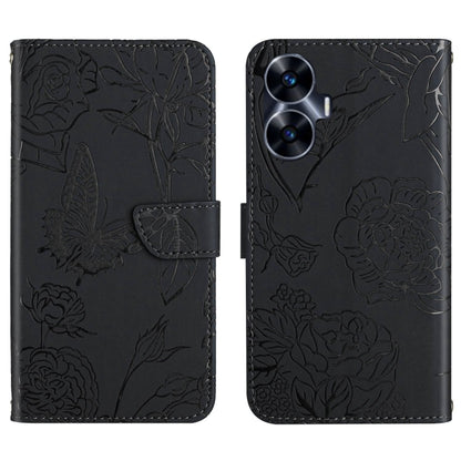 Butterfly-embossed flip leather phone case in black, with front strap and card slot