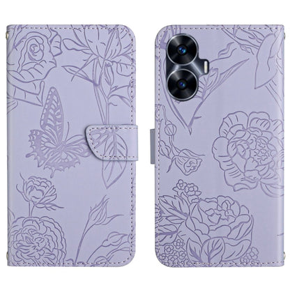 Butterfly-embossed lavender flip phone case with folio flap and textured floral pattern