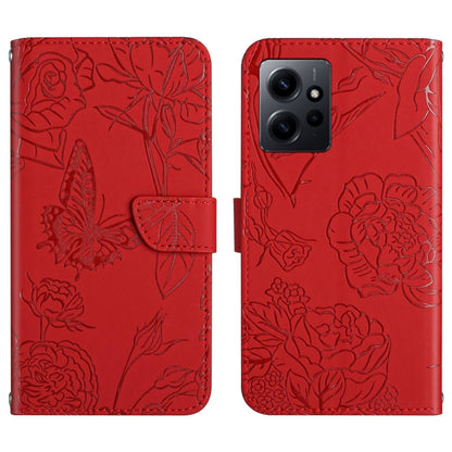 Red butterfly-embossed flip leather phone case with camera cutout, front and back view