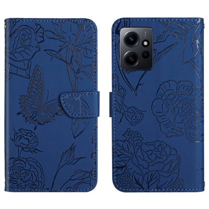 Blue butterfly-embossed flip leather phone case with camera cutout and front strap