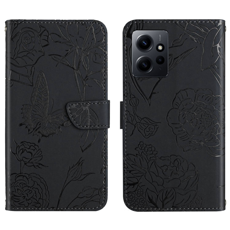 Black butterfly-embossed flip leather phone case with camera cutout and front strap