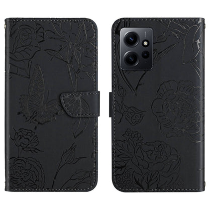 Black butterfly-embossed flip leather phone case with camera cutout and front strap