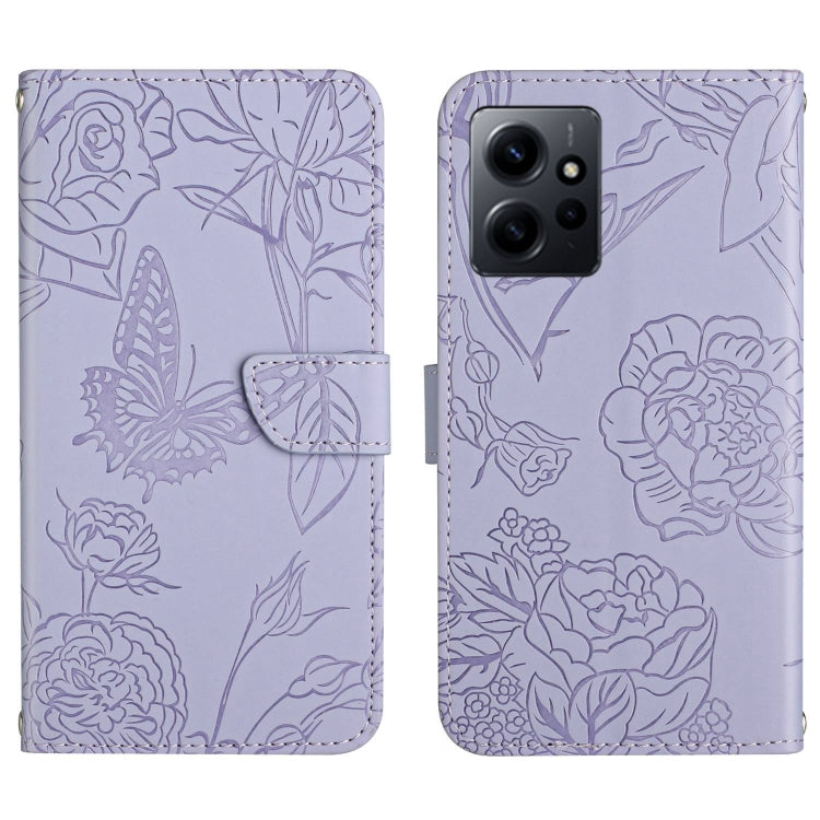 Butterfly-embossed lavender flip phone case with camera cutout and textured floral pattern