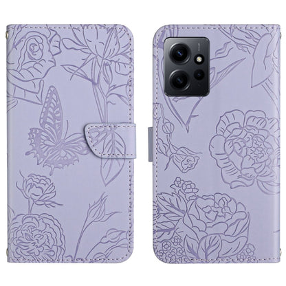 Butterfly-embossed lavender flip phone case with camera cutout and textured floral pattern