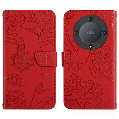 Red butterfly-embossed flip leather phone case back with camera cutout and grip patch