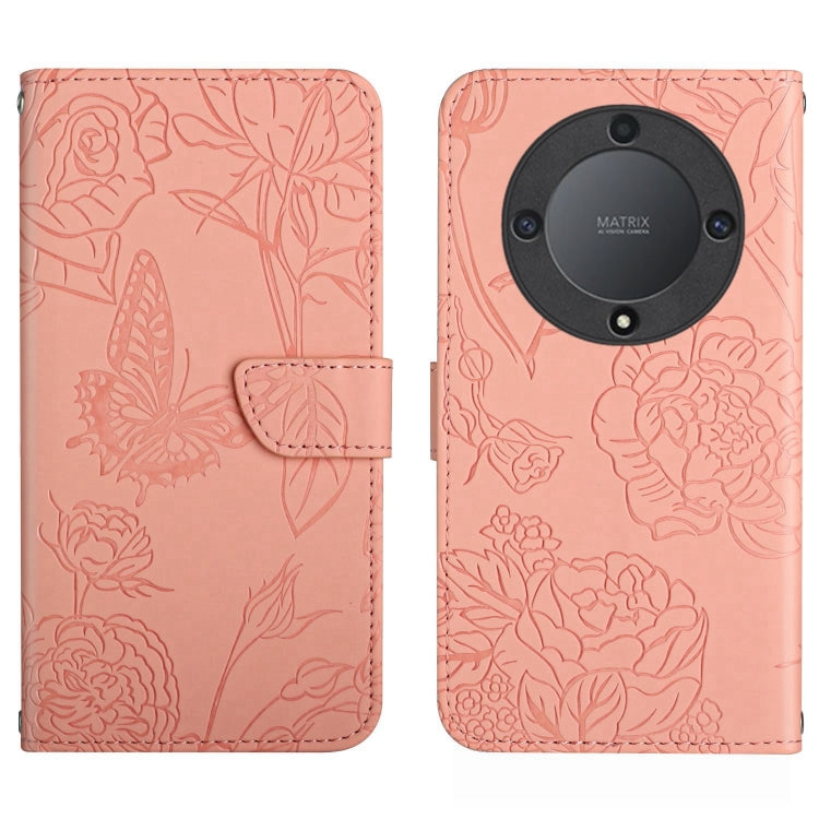 Pink butterfly-embossed flip leather phone case with round lens backing detail