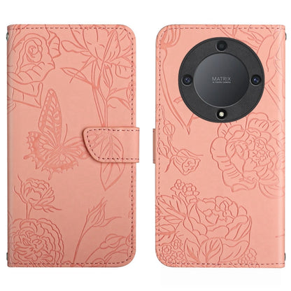 Pink butterfly-embossed flip leather phone case with round lens backing detail