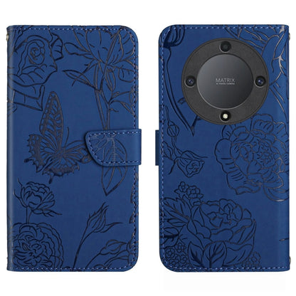 Blue butterfly-embossed flip leather phone case with round lens backing detail