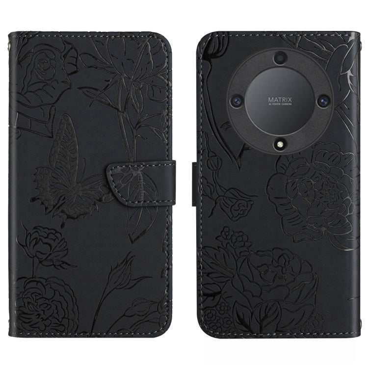Butterfly-embossed black flip phone case with folio flap and textured floral pattern