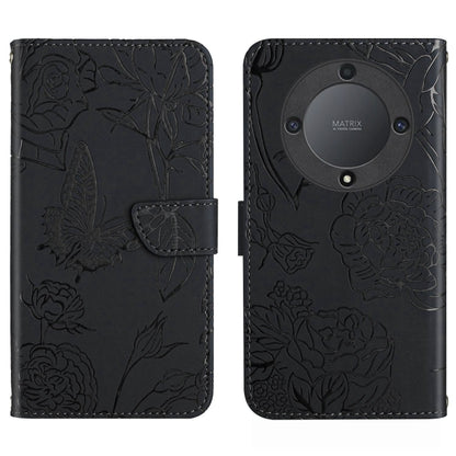 Butterfly-embossed black flip phone case with folio flap and textured floral pattern