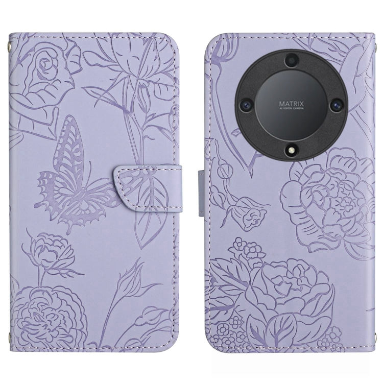 Butterfly-embossed lavender flip phone case with back emblem and textured floral pattern