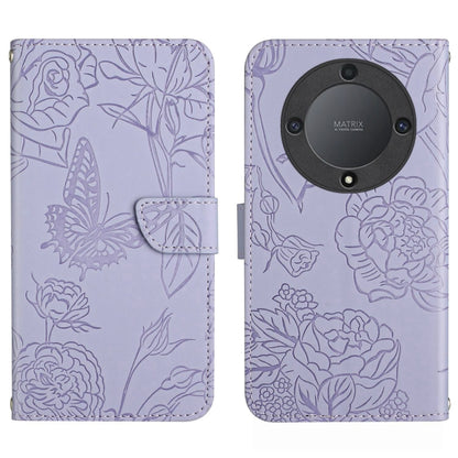 Butterfly-embossed lavender flip phone case with back emblem and textured floral pattern