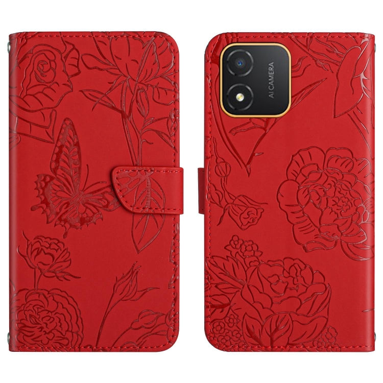 Red butterfly-embossed flip leather phone case back with dual camera cutout and clasp