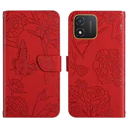 Red butterfly-embossed flip leather phone case back with dual camera cutout and clasp