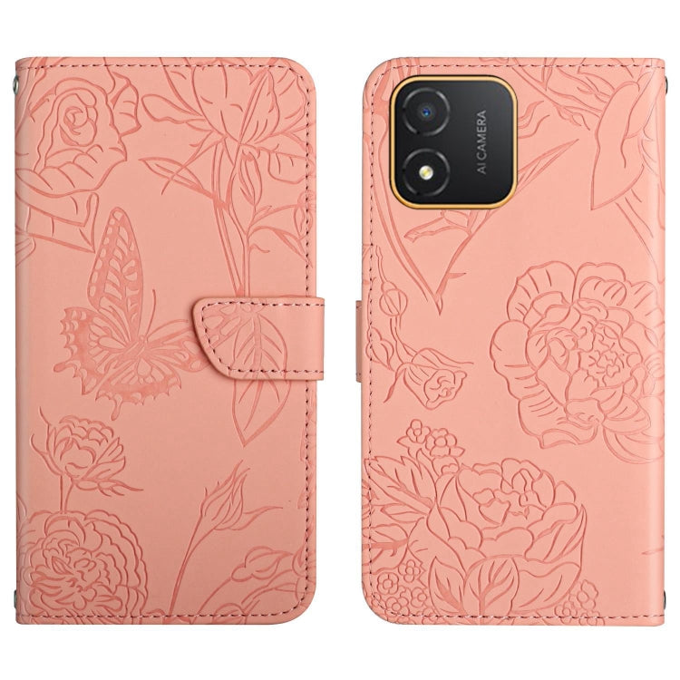 Pink butterfly-embossed flip leather phone case with small camera cutout and front strap