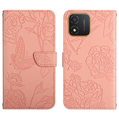 Pink butterfly-embossed flip leather phone case with small camera cutout and front strap