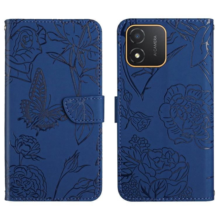 Blue butterfly-embossed flip leather phone case with small camera cutout and front strap