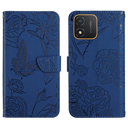 Blue butterfly-embossed flip leather phone case with small camera cutout and front strap