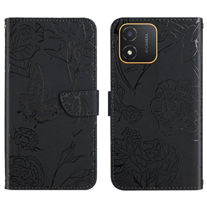 Butterfly-embossed black flip phone case with camera cutout and textured floral pattern