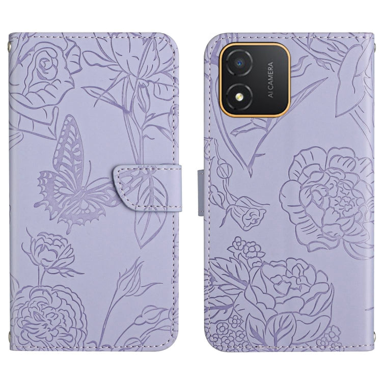 Butterfly-embossed lavender flip phone case with camera cutout and textured floral pattern