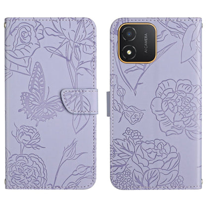 Butterfly-embossed lavender flip phone case with camera cutout and textured floral pattern