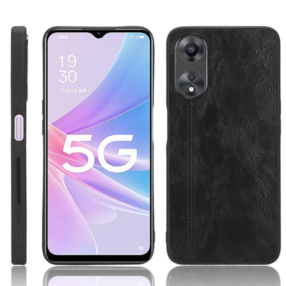 Black leather-texture phone case with raised dual camera cutouts and side buttons