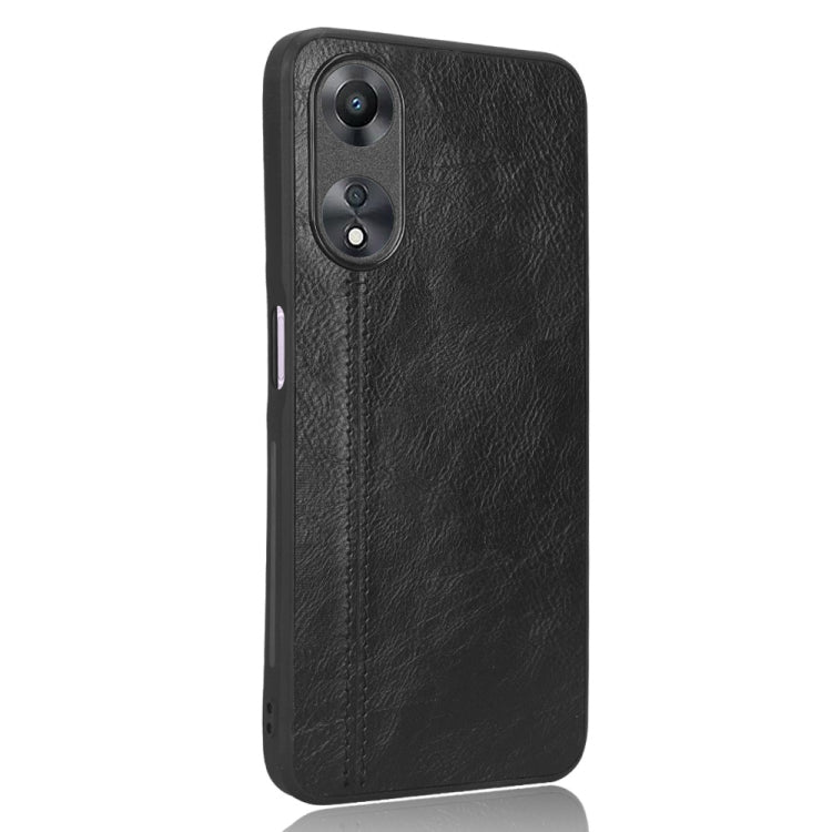 Black leather-texture phone case with dual camera cutouts and vertical stitched seam