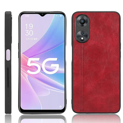 Red leather-texture phone case with dual camera cutouts and side buttons
