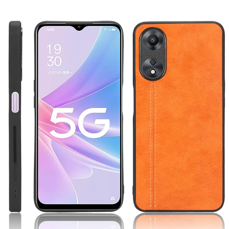 Orange leather-texture phone case with dual camera cutouts and vertical stitching