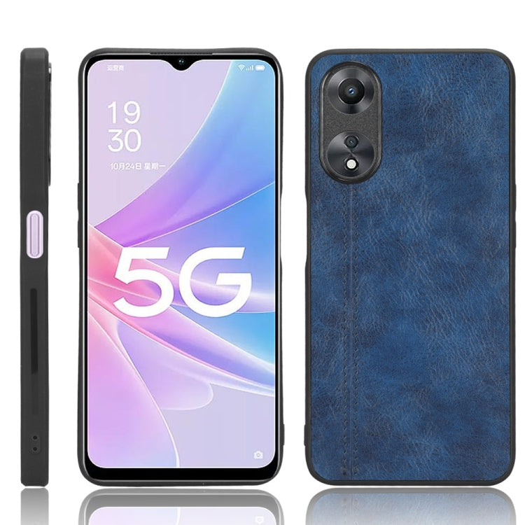 Blue leather-texture phone case with dual camera cutouts and textured back