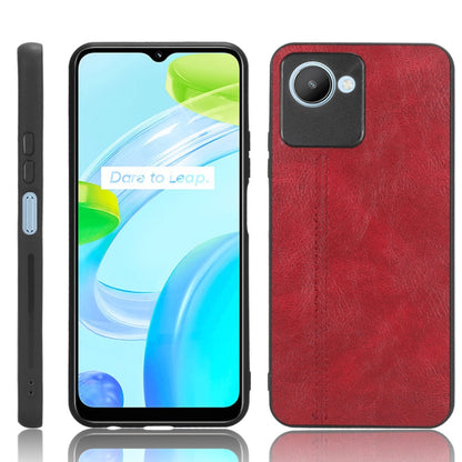 Red faux leather phone case with stitched detail and raised camera cutout