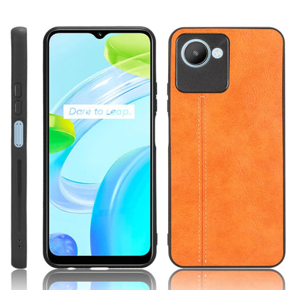 Orange faux leather phone case with stitched detail and raised camera cutout