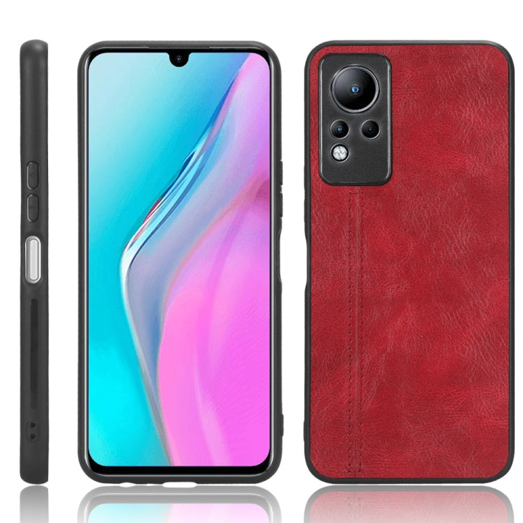Red faux leather phone case with stitched detail and dual camera cutouts