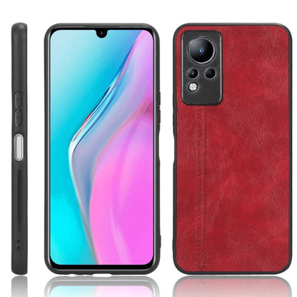 Red faux leather phone case with stitched detail and dual camera cutouts