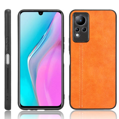 Orange faux leather phone case with stitched detail and dual camera cutouts