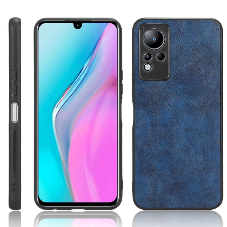 Blue faux leather phone case with stitched detail and dual camera cutouts