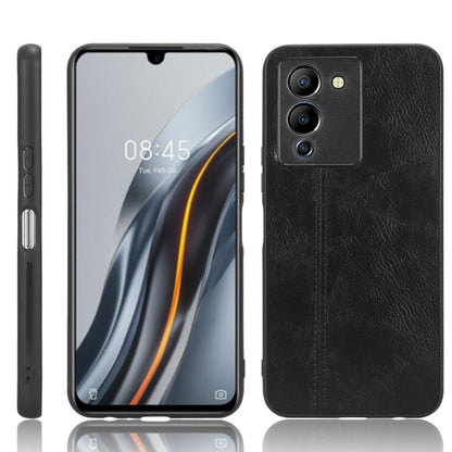 Black faux leather phone case with triple camera cutouts and stitched paneling