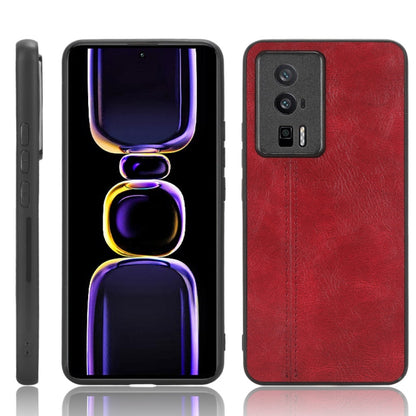 Red faux leather phone case with camera cutouts and front abstract neon figure design