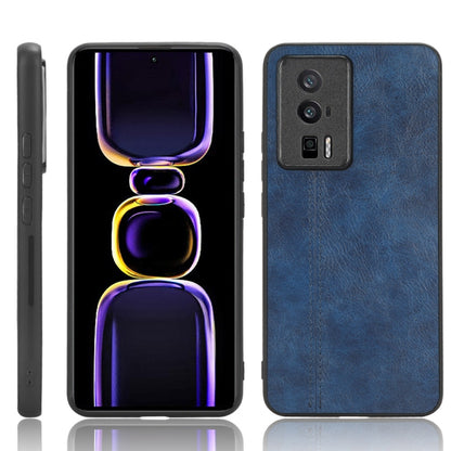 Blue faux leather phone case with camera cutouts and front abstract neon figure design